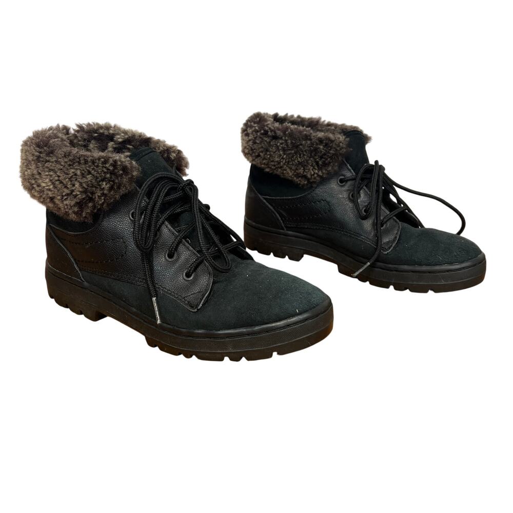 UGG Women's Boots Sheepskin Lined Fur Black Lace Up Ankle Bootie Size 8